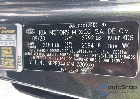 2021 Kia Forte Gt-Line z USA, uszkodzony, nr VIN 3KPF34AD4ME280920